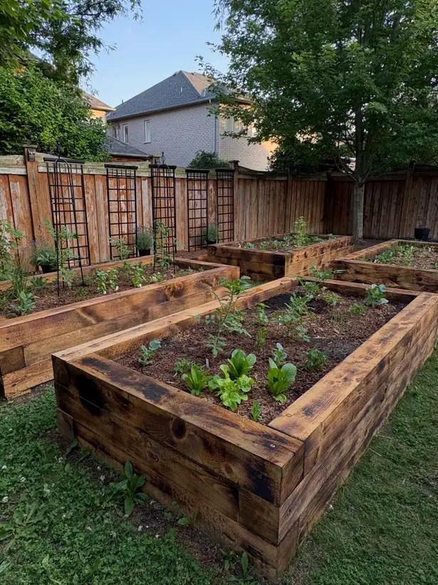 Cedar raised garden beds with young plantings