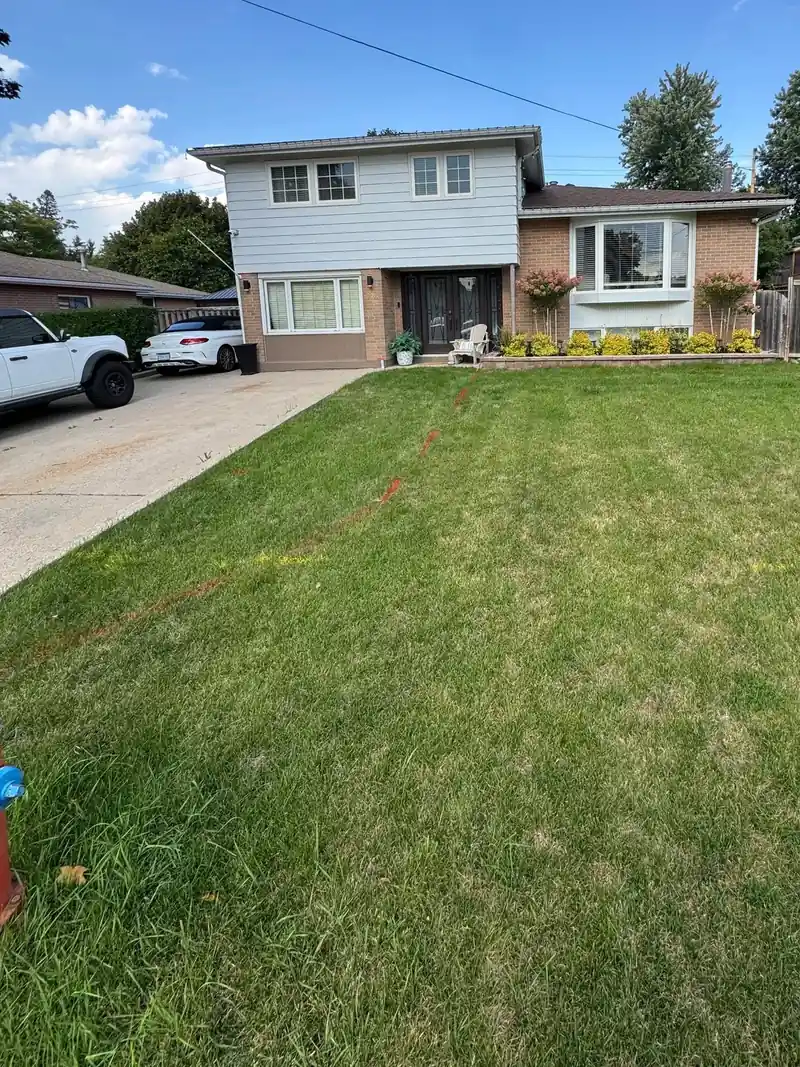 Front lawn of a split level home before the walkway was built