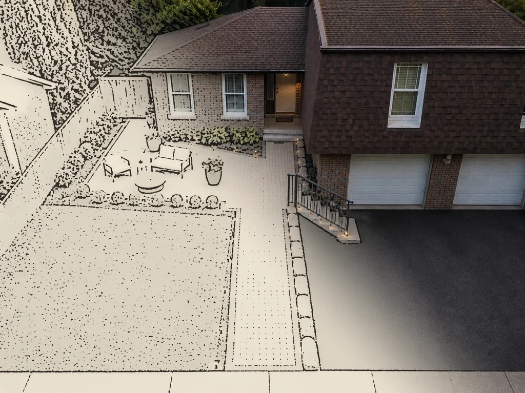 The same project drawn as a pencil sketch that blends into the finished 3D design: interlock patio and walkway, armour stone along the driveway, lit steps, garden beds and new sod